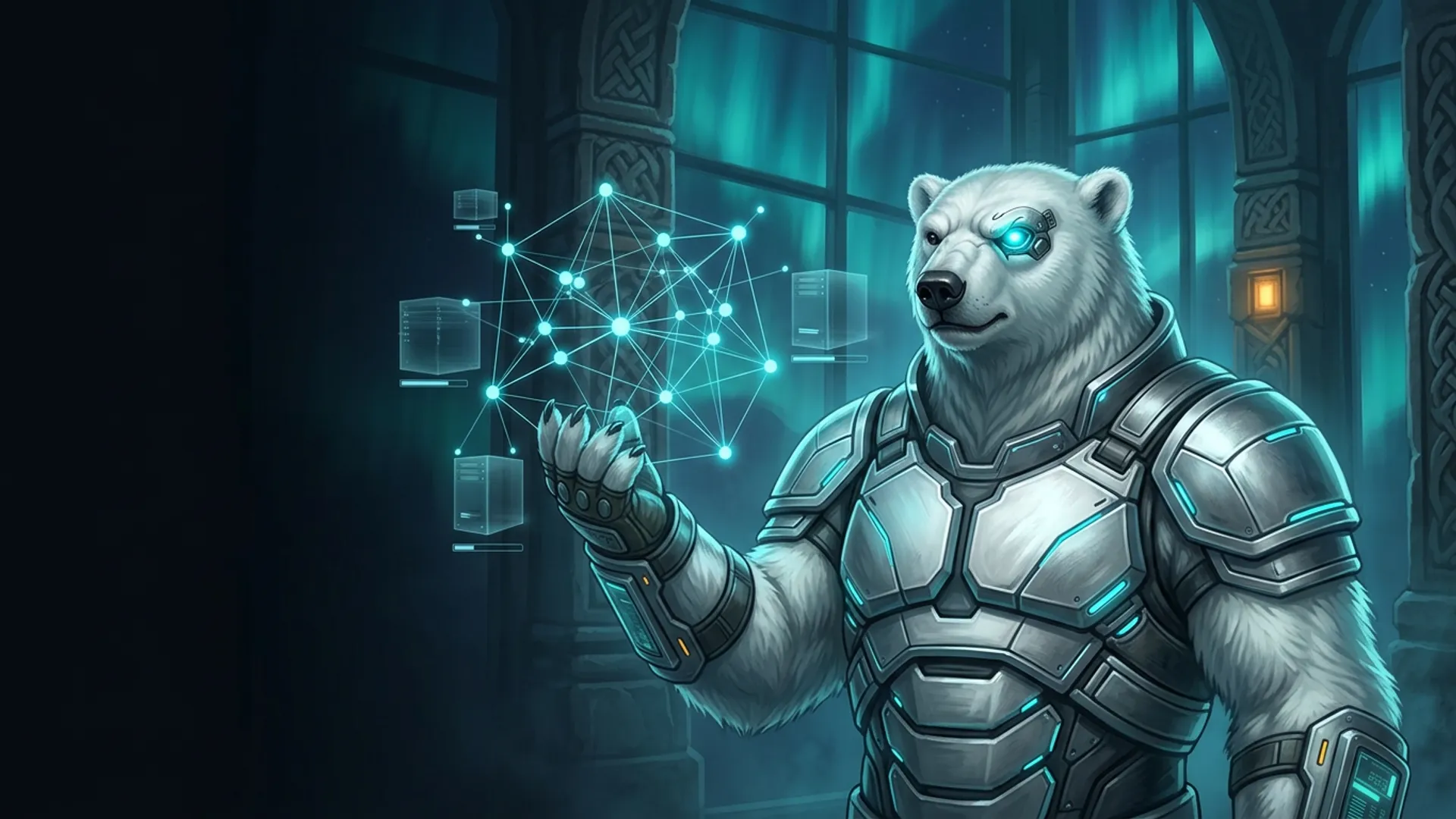 The NordBastion polar-bear guardian in tactical cyan-lit armour, raising a paw to a glowing holographic constellation of autonomous AI agent nodes and booting virtual servers in an aurora-lit Nordic data hall