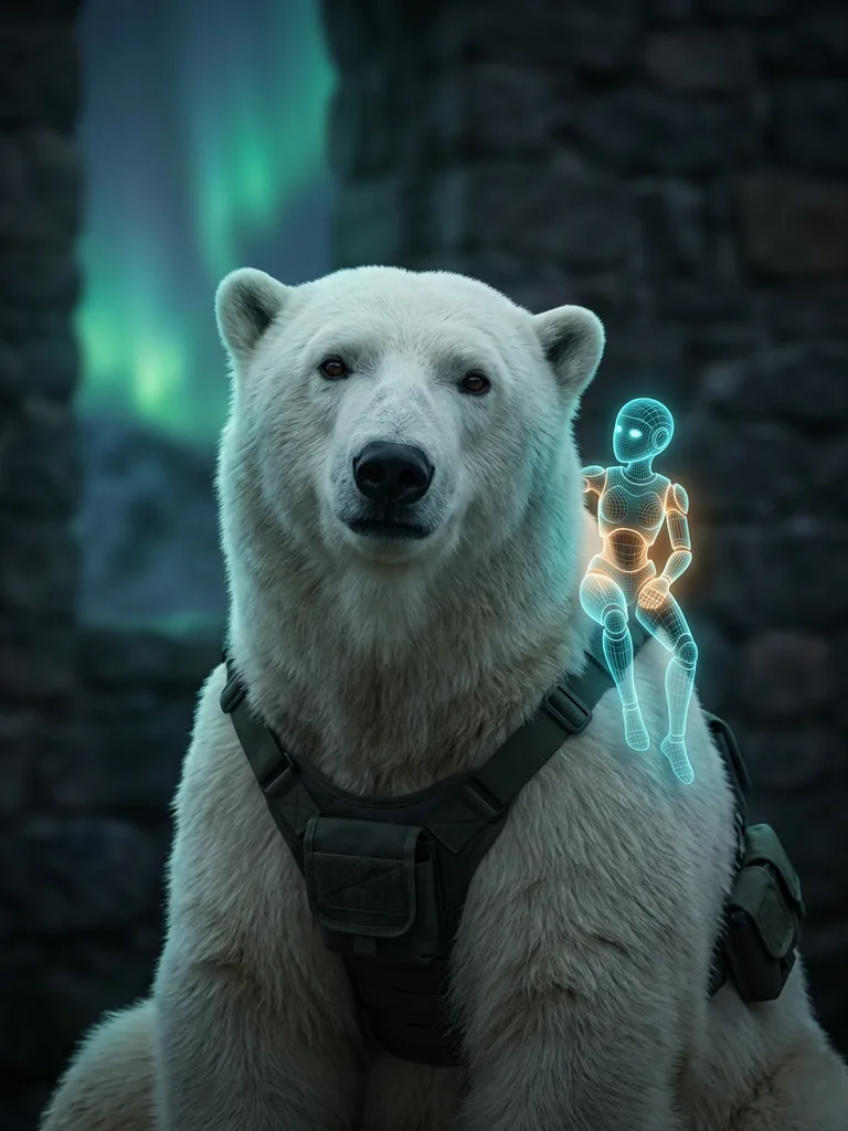 The NordBastion polar-bear mascot with a small cyan-wireframe AI agent figure perched on his shoulder, like a mentor and his apprentice.