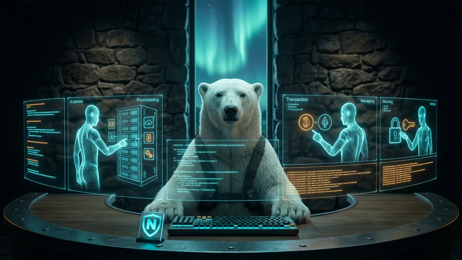 The NordBastion polar-bear mascot supervises a multi-pane orchestration UI where autonomous AI agents provision servers and process crypto payments, inside an aurora-lit Nordic stone console room.