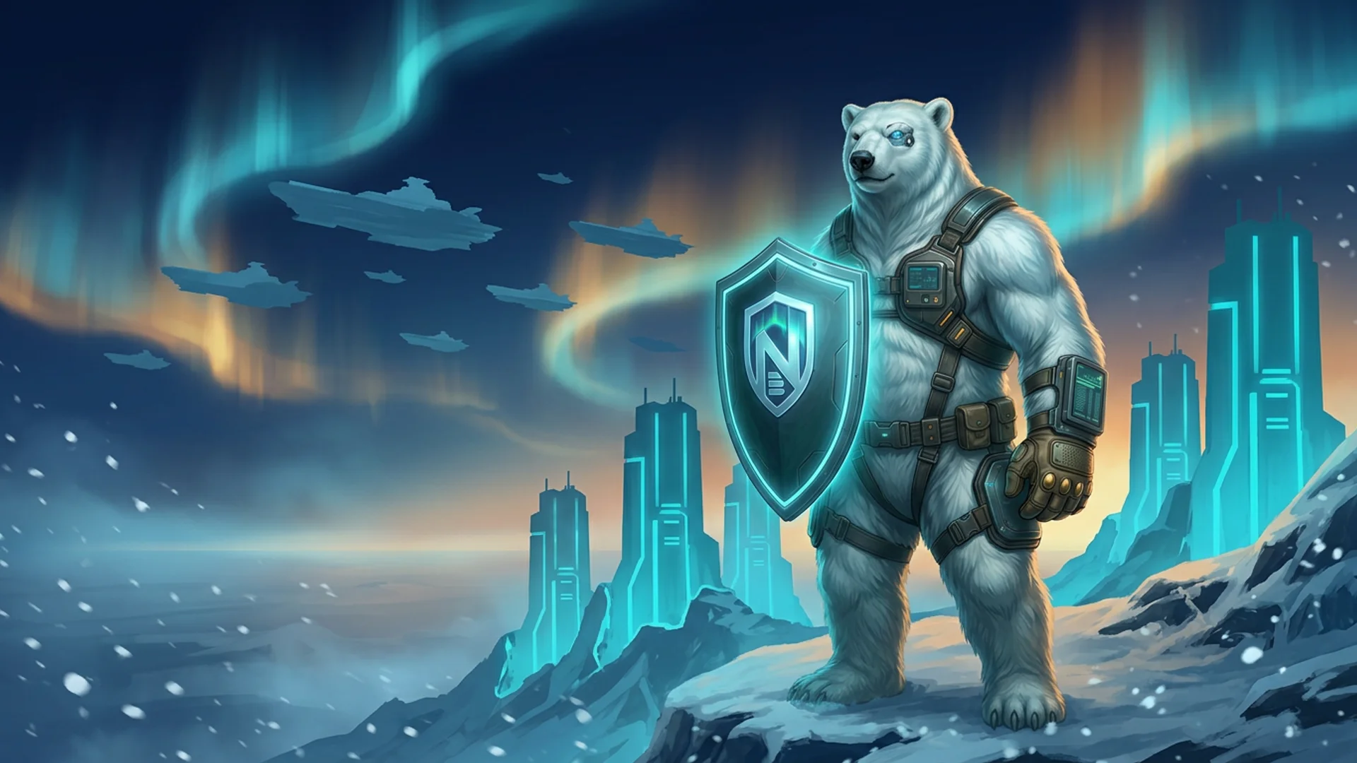 تميمة الدب القطبي لـ NordBastion تتأمل أفقاً من أشكال السحب التجارية المتجولة، مع أربع قلاع بيانات شمالية مضاءة بالسماوي ترسي المقدمة تحت ضوء الشفق القطبي