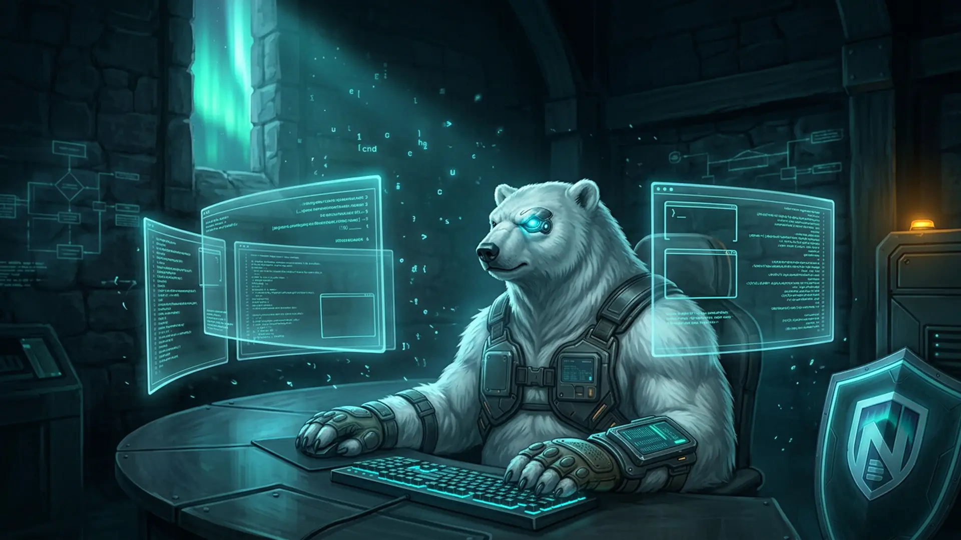 NordBastion のホッキョクグマのマスコットが戦術的なミッションコントロールワークステーションに座り、シアンのコードを表示するホログラフィックターミナルモニターが浮かび、シアンに光るキーキャップのメカニカルキーボードと傍らに立てかけられたシアンの N シールドがあり、オーロラに照らされた窓を持つ Nordic の石のコンソールルームの中にいる