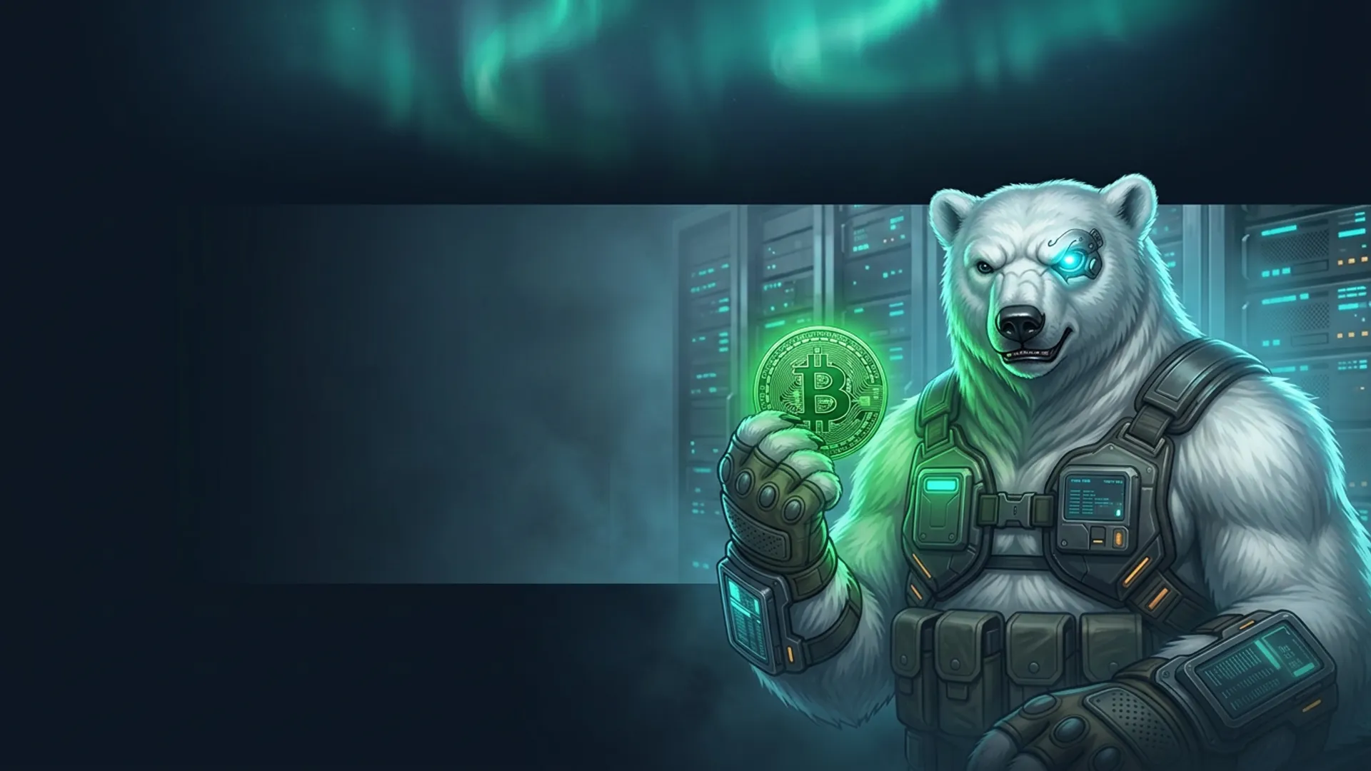 The NordBastion polar-bear guardian in tactical armour holding a glowing green Bitcoin Cash coin in a Nordic data centre under aurora light — buying a VPS with BCH, no KYC
