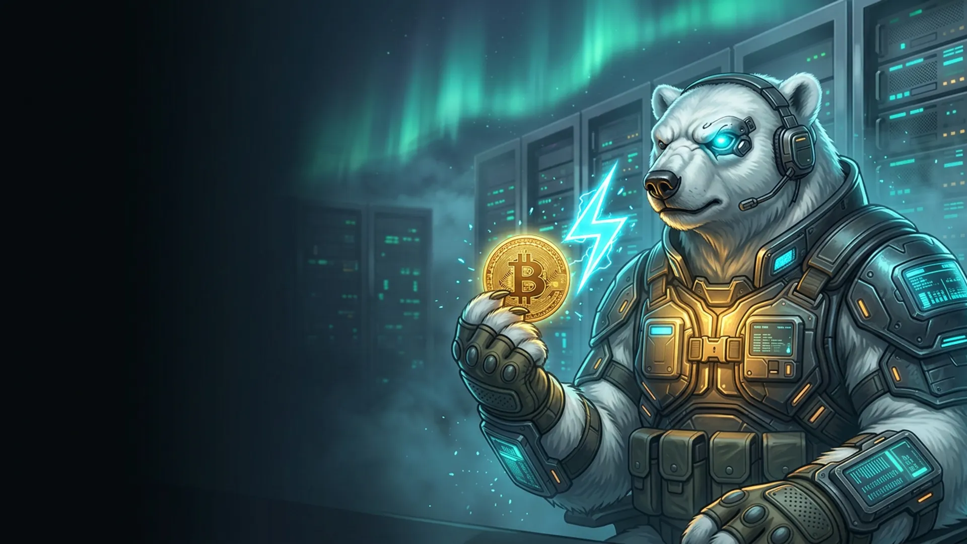 Il guardiano orso polare di NordBastion in armatura tattica che regge una moneta Bitcoin dorata luminosa con un fulmine Lightning Network in un data center nordico sotto la luce dell'aurora — acquisto di un VPS con Bitcoin, senza KYC