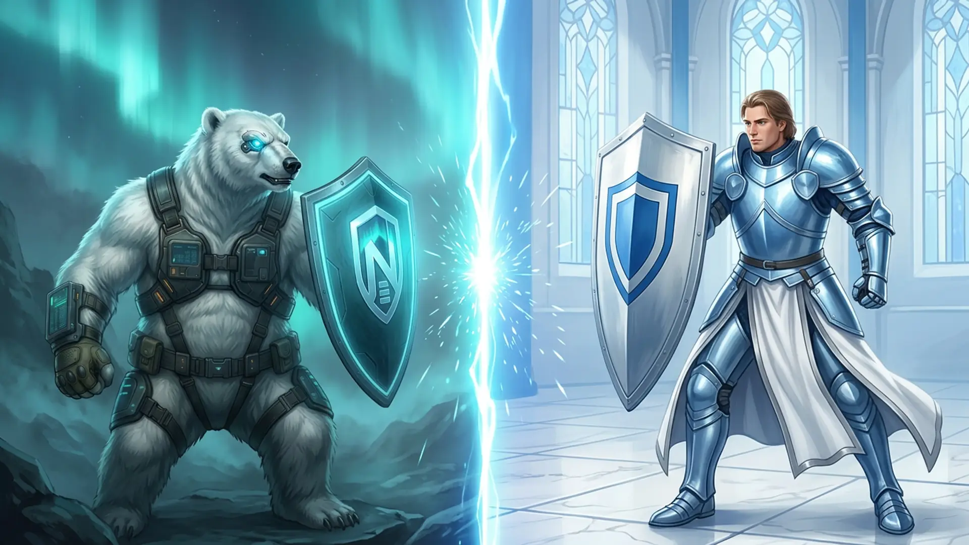Duell-Komposition: das NordBastion-Eisbär-Maskottchen mit dem Cyan-N-Schild gegenüber einem heraldischen Schildträger-Champion in polierter platin-blauer Plattenpanzerrüstung und weißem Waffenrock mit einem hohen azurblauen heraldischen Schild, Cyan-Aurora und helle azurblaue heraldische Energie prallen in der Mitte aufeinander