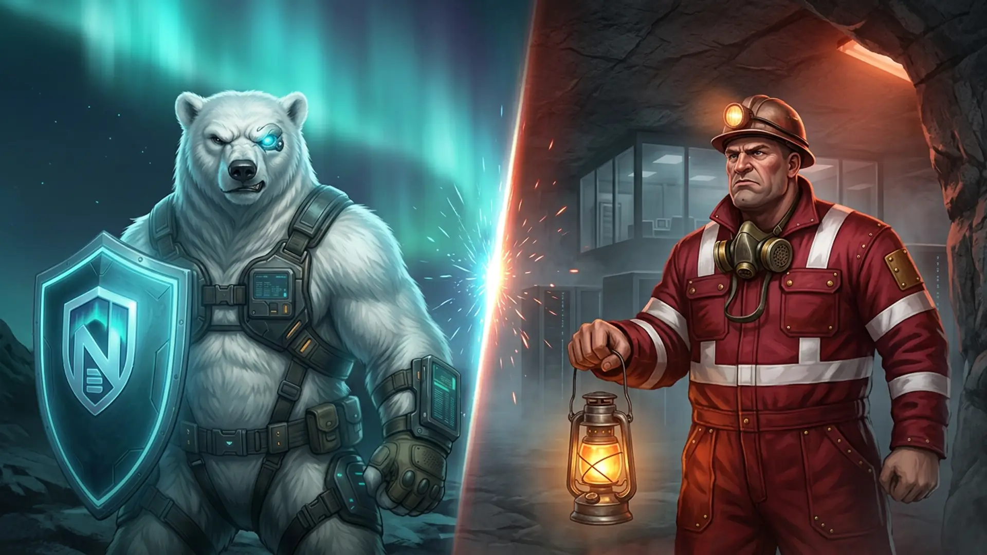 Duell-Komposition: das NordBastion-Eisbär-Maskottchen mit dem Cyan-N-Schild gegenüber einem schwedischen Bunker-Wärter-Champion in karmesinrotem Industrieoverall mit weißen Reflexstreifen und einer bernsteinfarbenen Signallaterne, in einem Kerngestein-freiliegenden Atombunker-Rechenzentrum, Cyan-Aurora und warme karmesinrot-bernsteinfarbene Bunkerfeuer-Energie prallen in der Mitte aufeinander