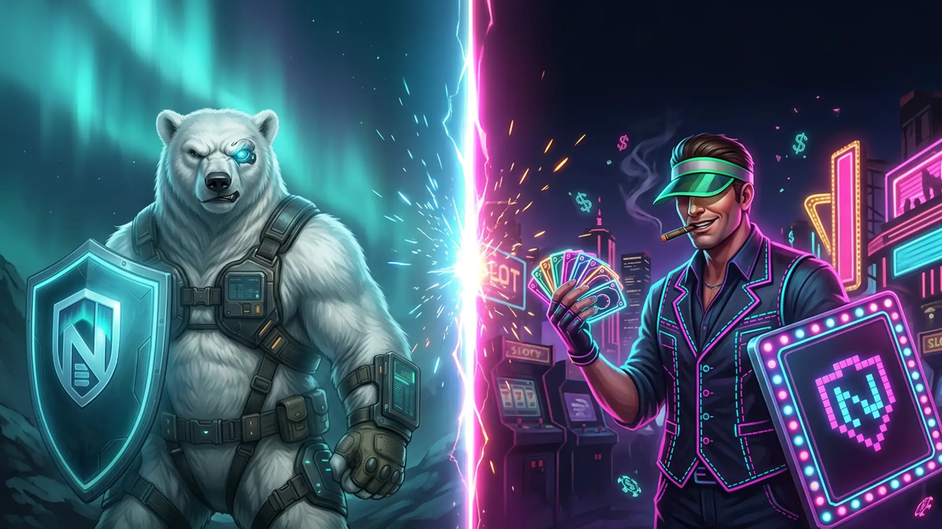 Duell-Komposition: das NordBastion-Eisbär-Maskottchen mit dem Cyan-N-Schild gegenüber einem Retro-Arcade-Vegas-Händler-Champion in dunkler Weste mit neon Magenta-und-Cyan-Steppung, grüner Schirmmütze und einem Fächer leuchtender Casino-Chips, vor einer Neon-Vegas-Strip-Nacht, Cyan-Aurora und heiße Magenta-Neon-Energie prallen in der Mitte aufeinander