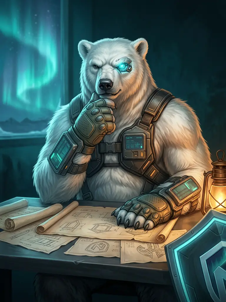 La mascotte NordBastion à une table de lecture en acier couverte de documents comparatifs avec un bouclier-N appuyé à côté