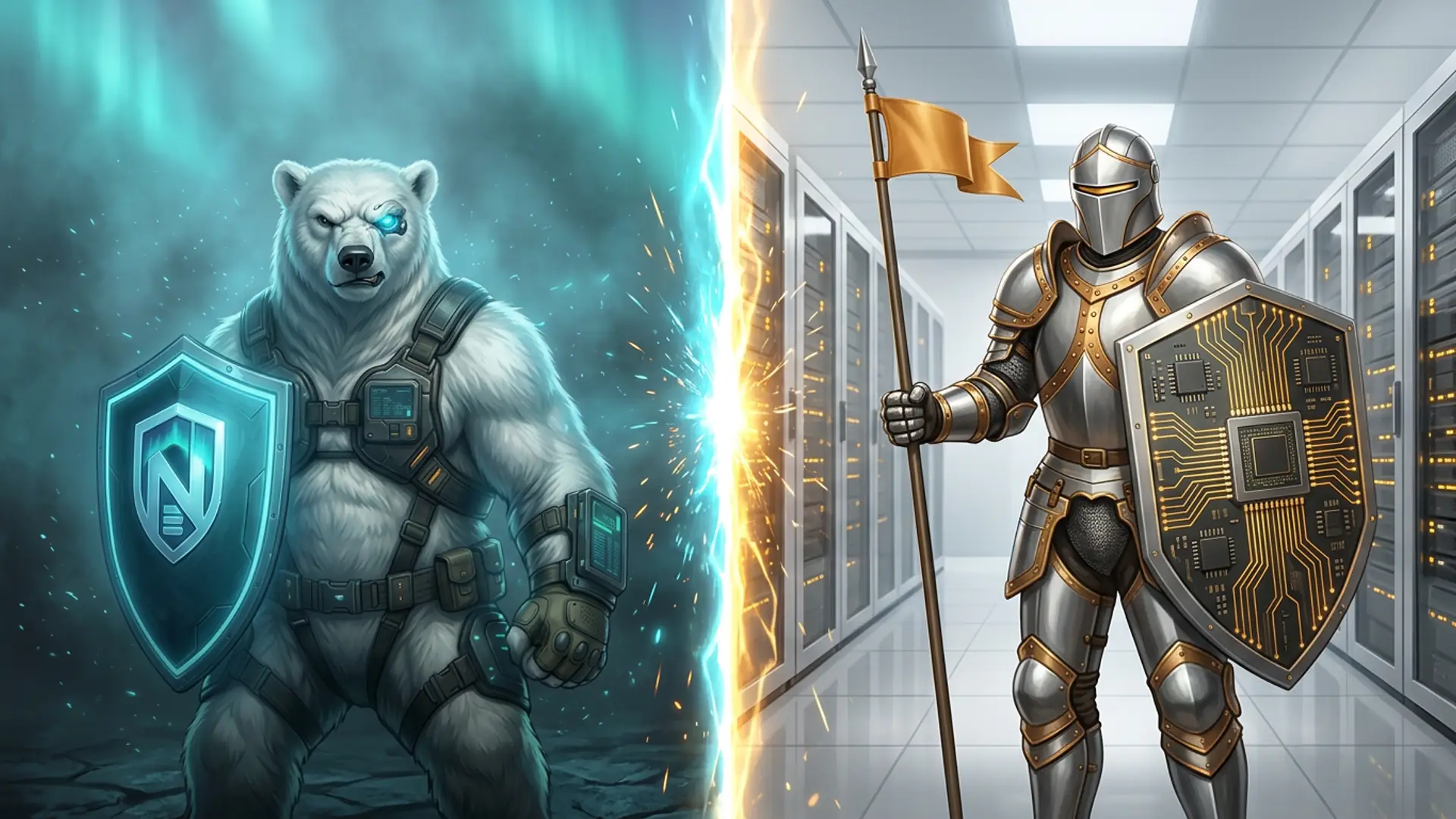 Duell-Komposition: das NordBastion-Eisbär-Maskottchen mit dem Cyan-N-Schild gegenüber einem Unternehmens-Ritter-Champion in poliertem Stahl und gold-bernsteinfarbener Rüstung mit einem GPU-Schaltkreis-Schild und einem warmen bernsteinfarbenen Wimpel, in einer hell erleuchteten Datenhalle, Cyan-Aurora und bernsteinfarbene Unternehmenskraft-Energie prallen in der Mitte aufeinander