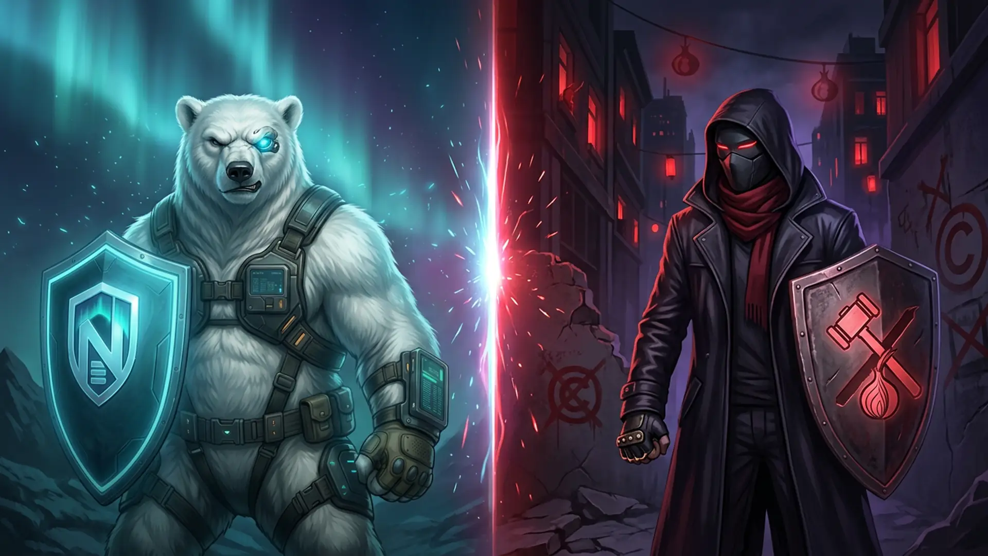 Duell-Komposition: das NordBastion-Eisbär-Maskottchen mit dem Cyan-N-Schild gegenüber einem Offshore-anonymen Freiheitskämpfer-Champion in schwarzem Leder-Kapuzenmantel, karmesinrotem Schal und digitaler Maske, der einen Schild mit einem eingravierten Hammer-und-Onion-Glyphen hält, vor einem urbanen Dissidenten-Hintergrund, Cyan-Aurora und karmesinrote Dissidenten-Feuer-Energie prallen in der Mitte aufeinander