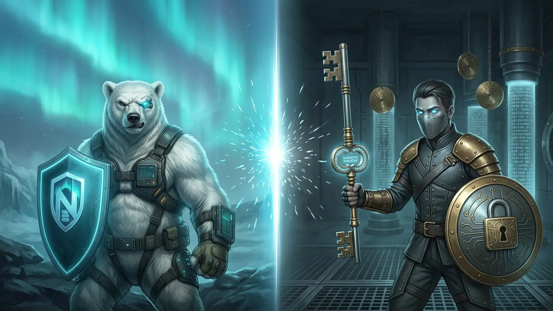 Duell-Komposition: das NordBastion-Eisbär-Maskottchen mit dem Cyan-N-Schild gegenüber einem stahlgrauen Schlüsselschmied-Champion mit einem großen antiken Messingsschlüssel und einem mit Vorhängeschloss gravierten Schild, Cyan-Aurora und Cyan-Stahl-Verschlüsselungsenergie prallen in der Mitte aufeinander