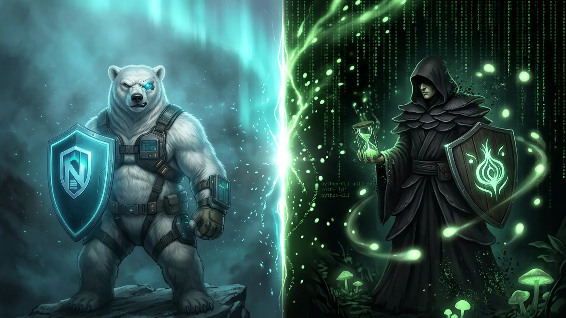 Duell-Komposition: das NordBastion-Eisbär-Maskottchen mit dem Cyan-N-Schild gegenüber einem verhüllten Alchemisten-Mykologen in mattschwarzen Gewändern mit einer Sanduhr grüner Sporen und einem Tor-Onion-Glyphen-Schild, Cyan-Aurora und matrix-grüne Sporenenergie prallen in der Mitte aufeinander