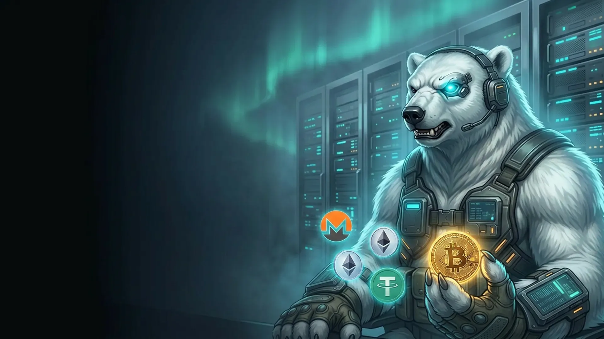 The NordBastion polar-bear guardian in tactical armour standing in a Nordic data centre, surrounded by glowing holographic Bitcoin, Monero, Ethereum and USDT coins under aurora light — paying for a VPS in cryptocurrency without KYC