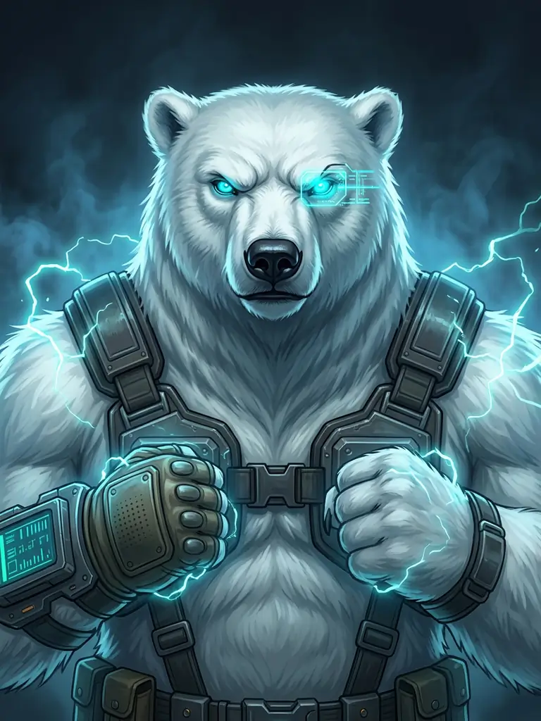 Mascotte NordBastion — un ours polaire tactique prêt au combat