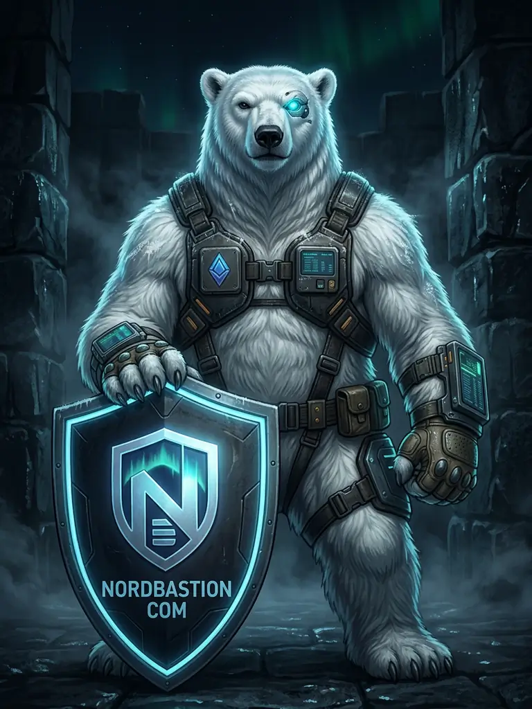 Mascotte NordBastion — un ours polaire tactique déterminé avec son bouclier