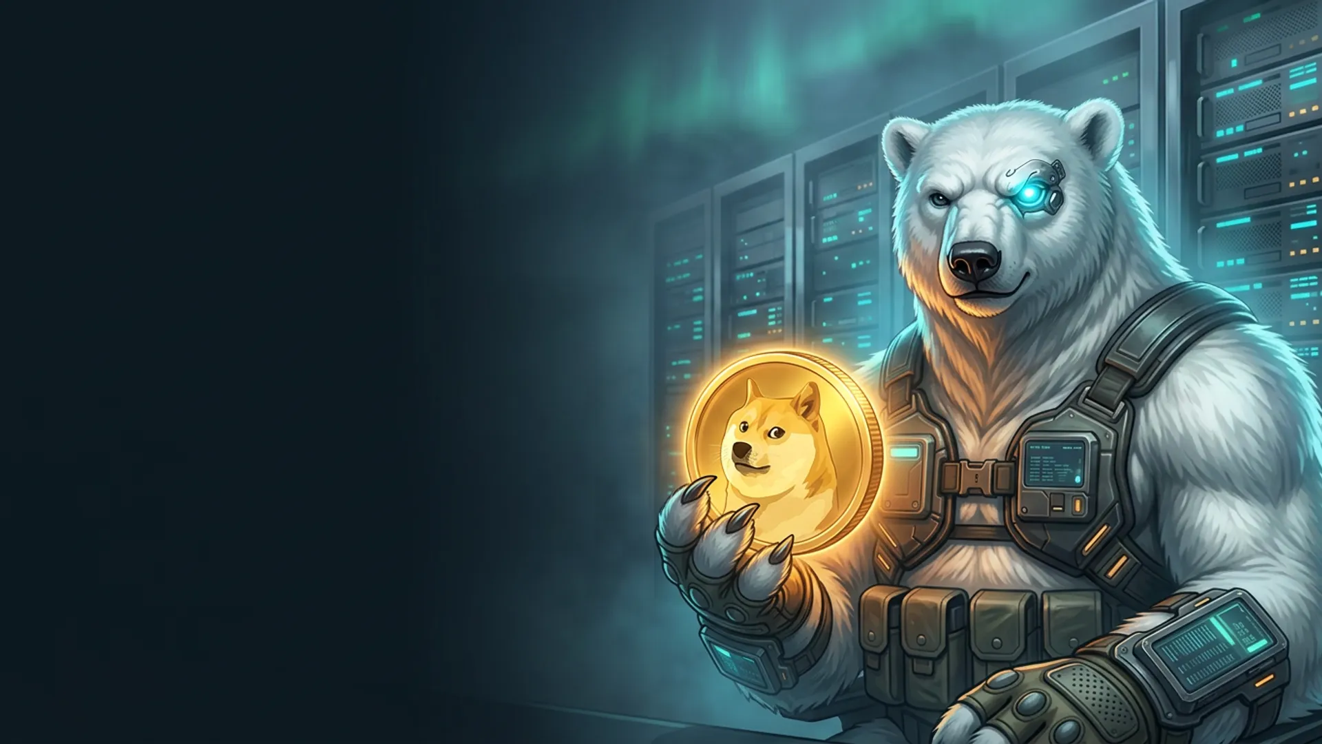 The NordBastion polar-bear guardian in tactical armour holding a glowing gold Dogecoin coin in a Nordic data centre under aurora light — buying a VPS with DOGE, no KYC