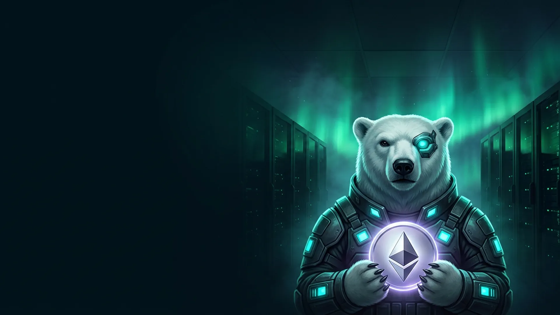 The NordBastion polar-bear guardian in tactical armour holding a glowing Ethereum coin in a Nordic data centre under aurora light — buying a VPS with ETH, no KYC