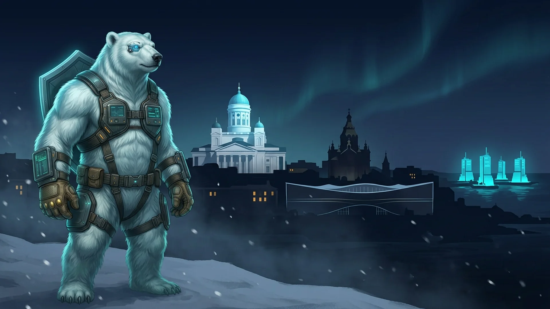 Komposition: Das NordBastion-Eisbär-Maskottchen in taktischer Rüstung steht auf einem Kai und blickt auf die Silhouette des Doms von Helsinki unter Nordlicht, die finnische Flagge weht über einer cyan beleuchteten Datenfestung am Horizont — evoziert einen finnischen Verfassungsgerichtsbarkeits-VPS