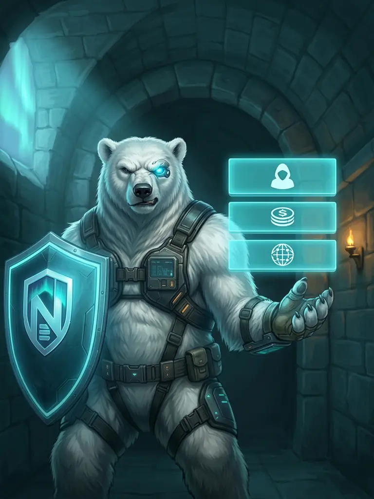The NordBastion polar-bear mascot in a teaching pose gesturing toward three stacked cyan layer-bands representing signup, payment and network — the three independent anonymity layers
