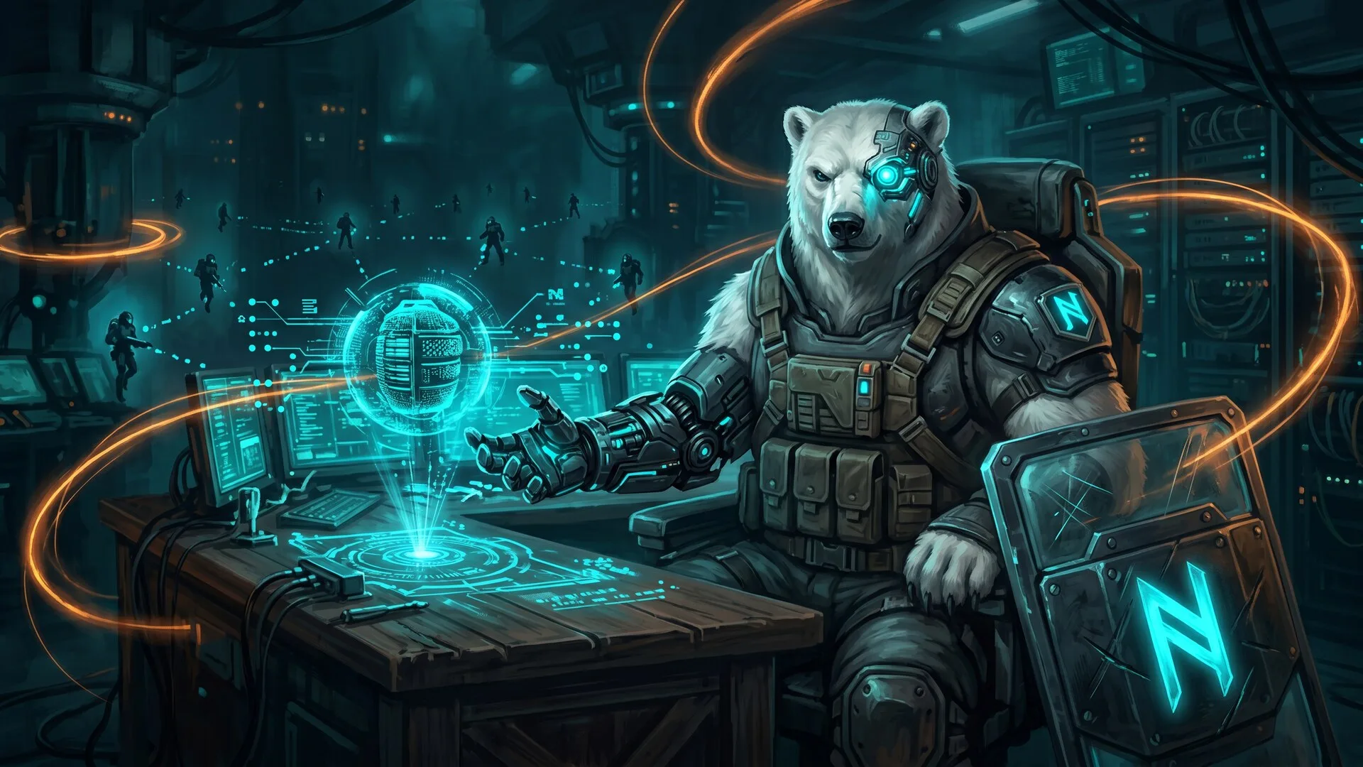 The NordBastion polar-bear mascot beside a glowing server rack streaming cyan protocol packets to distant agent silhouettes across a Nordic night