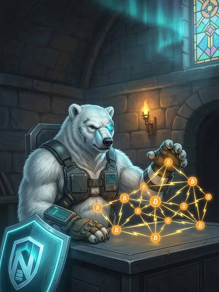 The NordBastion polar-bear mascot at a desk with a floating Lightning Network graph — multiple Bitcoin-orange node circles connected by electric-yellow lightning-bolt edges in a typical mesh topology