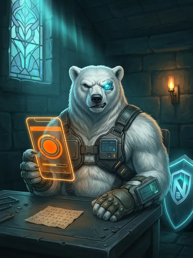 تمثال الدب القطبي NordBastion على مكتب يحمل هاتفاً هولوغرافياً يعرض واجهة محفظة Monero البرتقالية مع بطاقة بذرة ورقية مرئية على المكتب