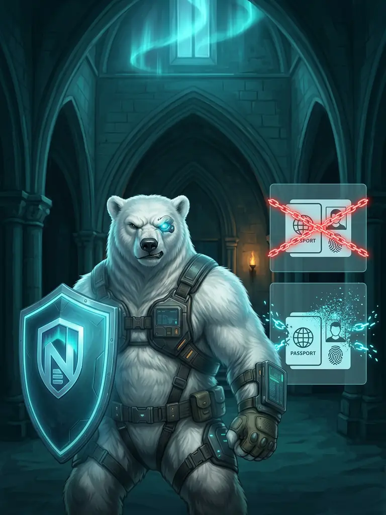 The NordBastion polar-bear mascot in a Nordic stone gallery with two illustration panels — the upper showing identity icons chained in red, the lower showing the same chains shattered into cyan freedom particles
