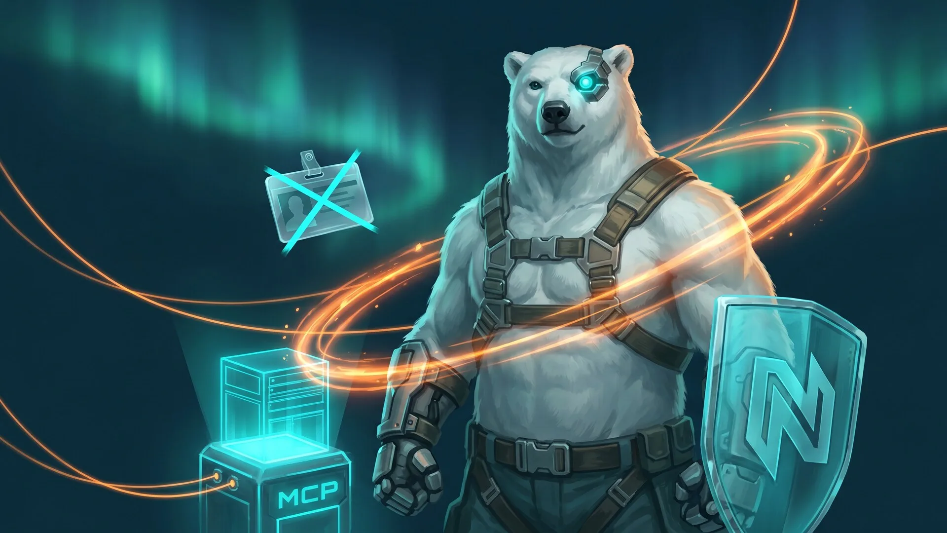 The NordBastion polar-bear mascot guarding a glowing MCP server node with an identity badge struck through in cyan, under the Nordic aurora