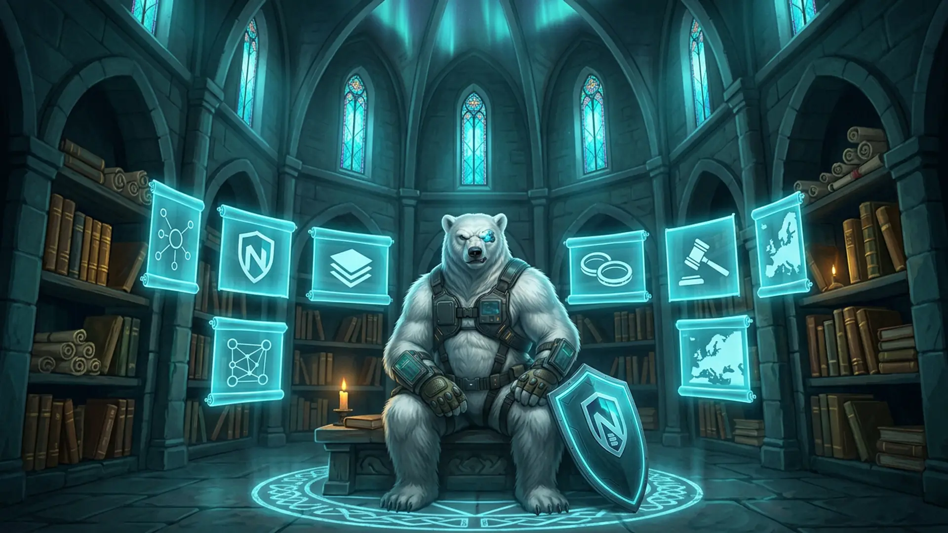 The NordBastion polar-bear mascot seated centrally in a Nordic stone scriptorium with six floating cyan holographic scrolls arrayed around him, the cyan-N shield leaning beside the bench, tall arched bookshelves and stained-glass windows above