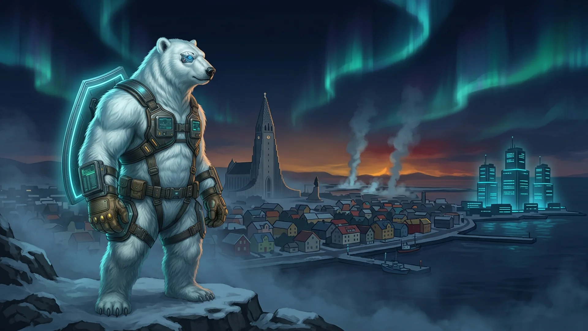 التركيب: تميمة الدب القطبي لـ NordBastion في درع تكتيكي تقف على رأس بازلتي تطلّ على ظل Hallgrímskirkja في ريكيافيك مع أعمدة بخار جيوحراري خلفها، تحت ضوء الشفق القطبي، العلم الآيسلندي يرفرف فوق قلعة بيانات مضاءة بالسماوي في الأفق — توحي بـ VPS بقضاء دستوري آيسلندي