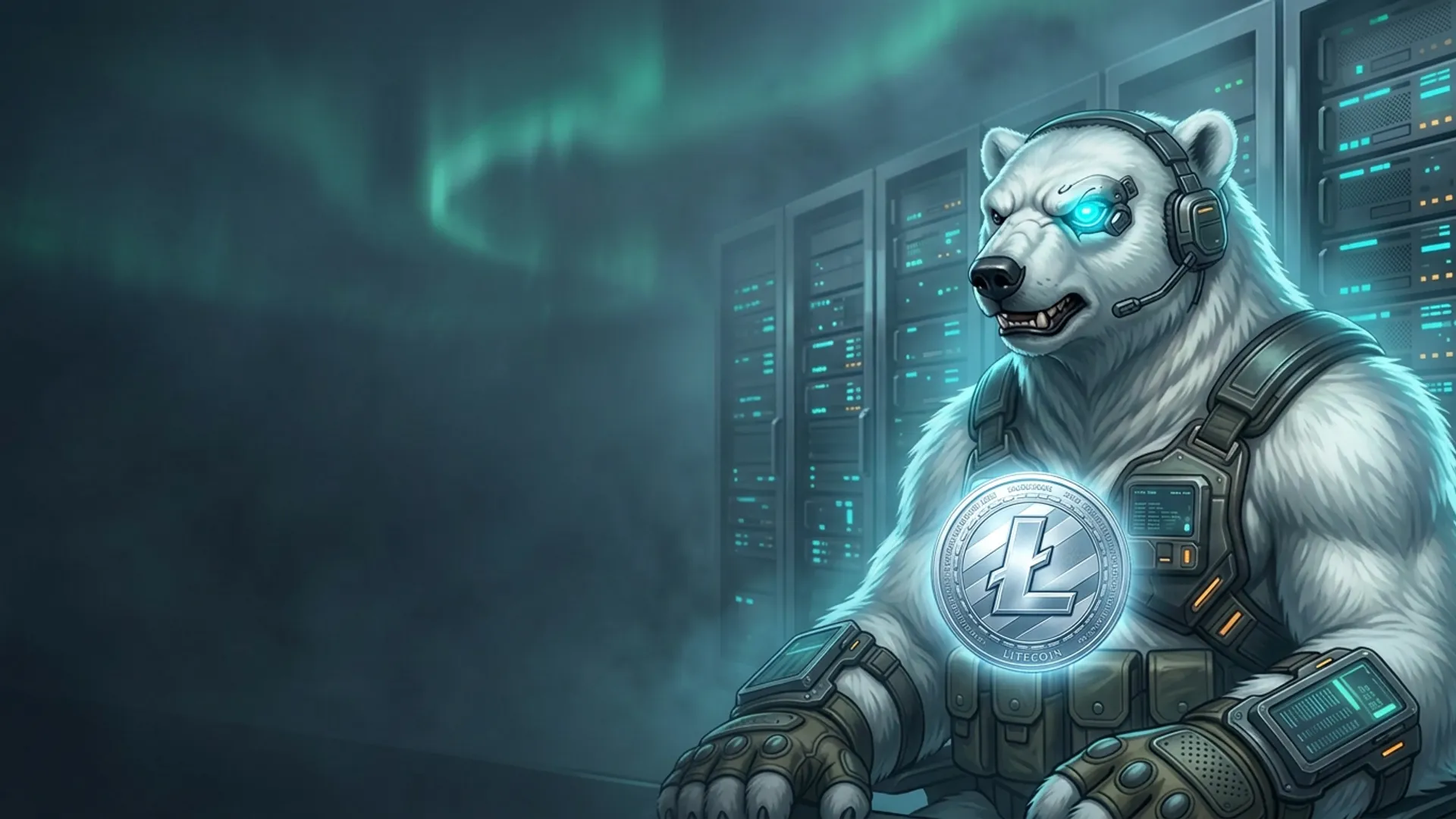 The NordBastion polar-bear guardian in tactical armour holding a glowing silver Litecoin coin in a Nordic data centre under aurora light — buying a VPS with LTC, no KYC