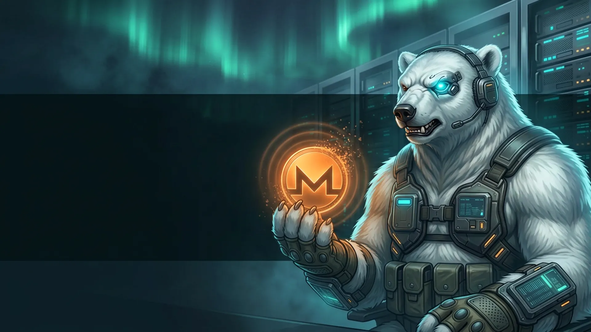 The NordBastion polar-bear guardian in tactical armour holding a glowing orange Monero (XMR) coin in a Nordic data centre under aurora light — buying a VPS privately with Monero, no KYC