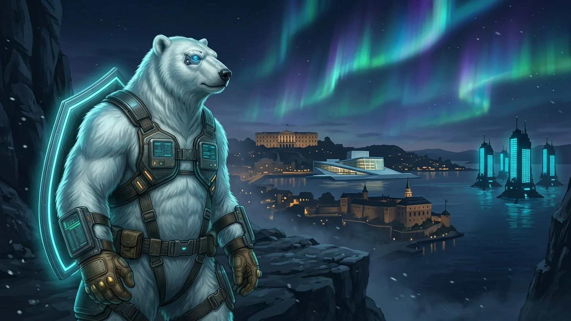 التركيب: تميمة الدب القطبي لـ NordBastion في درع تكتيكي تقف على رصيف تطلّ على ظل دار أوبرا أوسلو مع منحدرات المضيق خلفها، تحت ضوء الشفق القطبي، العلم النرويجي يرفرف فوق قلعة بيانات مضاءة بالسماوي في الأفق — توحي بـ VPS بقضاء دستوري نرويجي