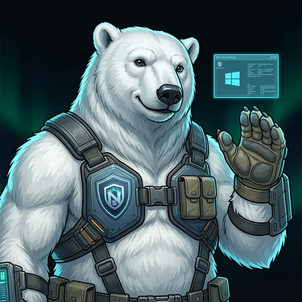 NordBastion mascot — a tactical polar bear at a remote desktop console