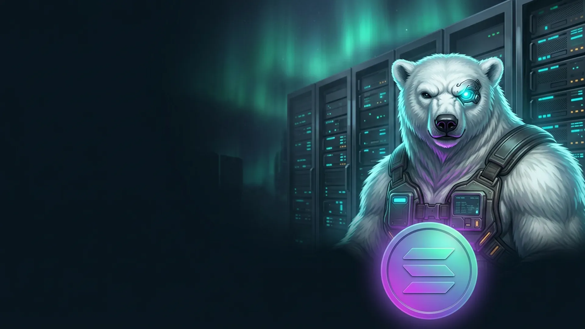 The NordBastion polar-bear guardian in tactical armour holding a glowing purple-and-teal Solana coin in a Nordic data centre under aurora light — buying a VPS with SOL, no KYC