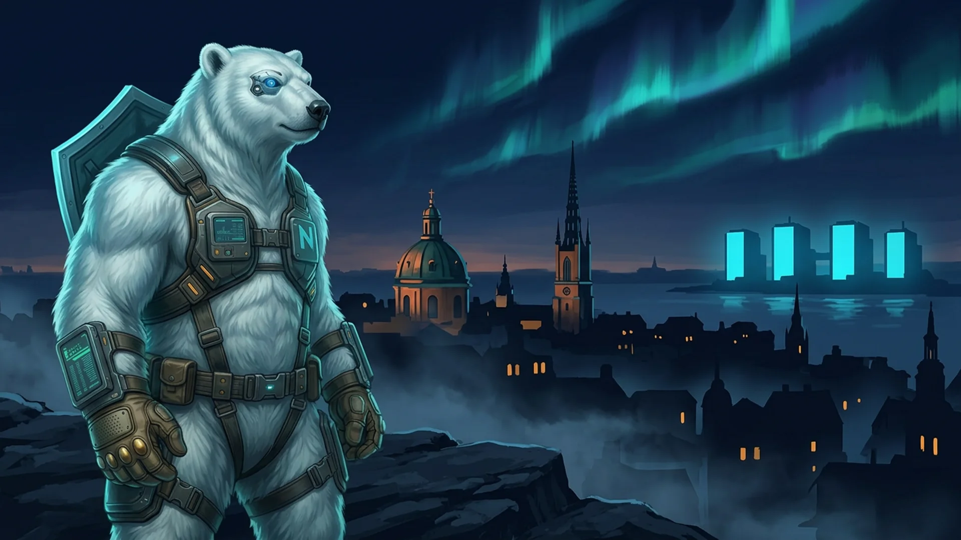 التركيب: تميمة الدب القطبي لـ NordBastion في درع تكتيكي تقف على رصيف تطلّ على ظل البلدة القديمة لستوكهولم تحت ضوء الشفق القطبي، العلم السويدي يرفرف فوق قلعة بيانات مضاءة بالسماوي في الأفق — توحي بـ VPS بقضاء دستوري سويدي
