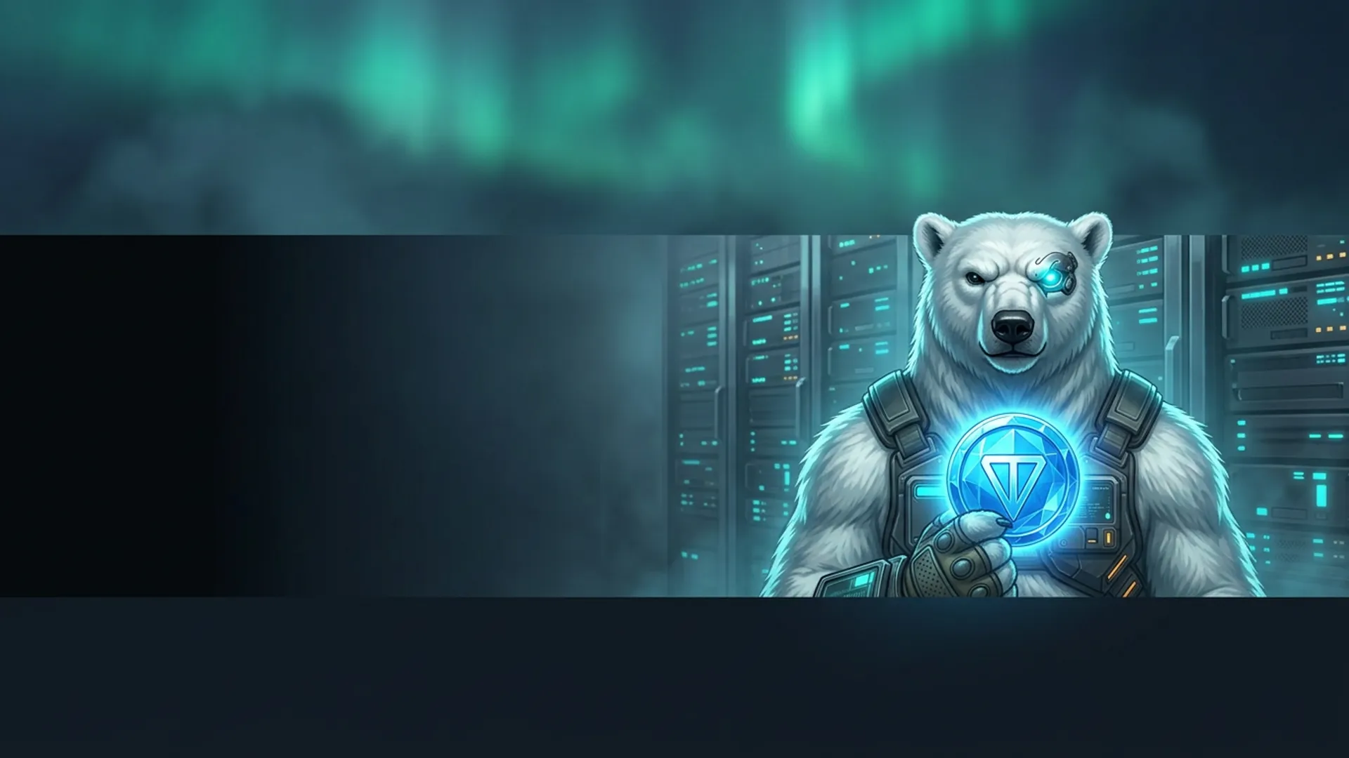 The NordBastion polar-bear guardian in tactical armour holding a glowing blue Toncoin coin in a Nordic data centre under aurora light — buying a VPS with TON, no KYC