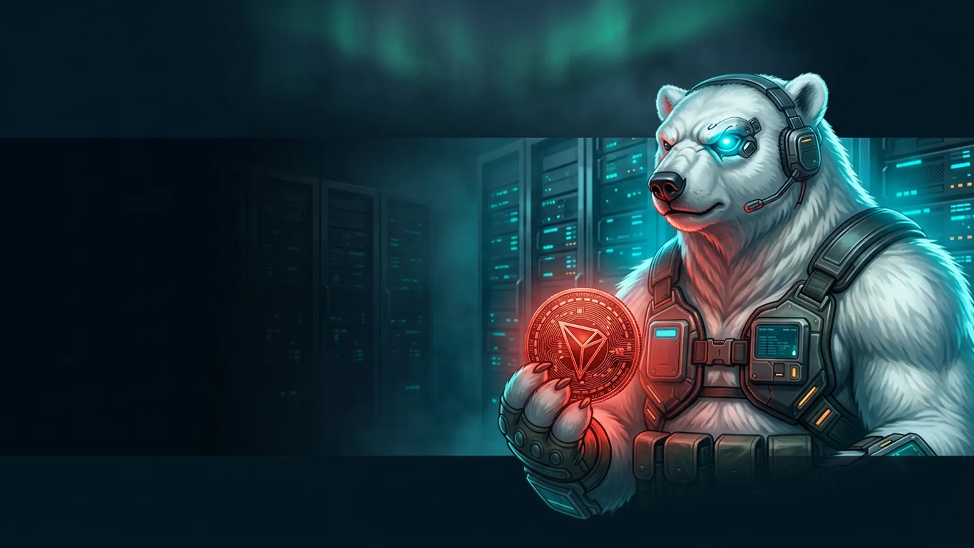 The NordBastion polar-bear guardian in tactical armour holding a glowing red TRON coin in a Nordic data centre under aurora light — buying a VPS with TRX, no KYC