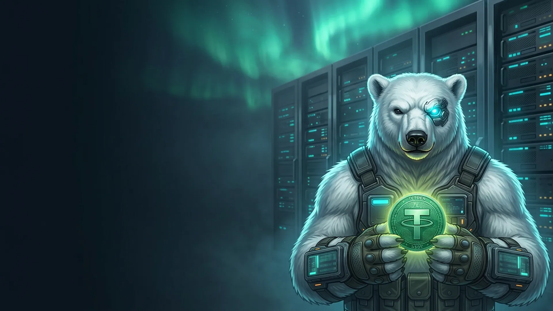 The NordBastion polar-bear guardian in tactical armour holding a glowing green Tether USDT coin in a Nordic data centre under aurora light — buying a VPS with USDT, no KYC