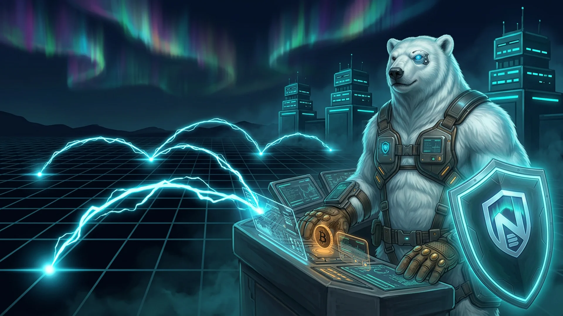 構図: 戦術的な北欧の鎧をまとった NordBastion のホッキョクグマのマスコットが、NVMe で照らされた金庫の引き出しの傍らに立ち、フィヨルドの夜にチャネルリンクとして織りなされる輝く琥珀色のライトニングボルトの糸、金庫の扉に控えめに刻まれた Bitcoin の紋章、頭上にオーロラ
