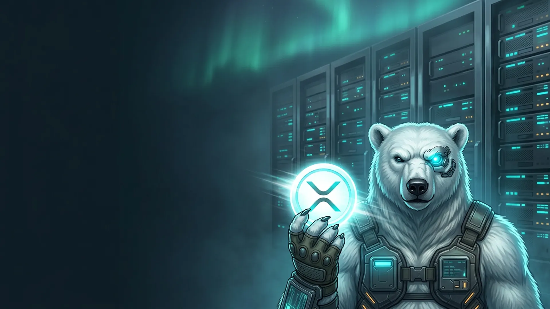 The NordBastion polar-bear guardian in tactical armour holding a glowing white-and-cyan XRP coin in a Nordic data centre under aurora light — buying a VPS with XRP, no KYC
